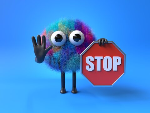 Fluffy, cute monster holding a stop sign, symbolizing caution or halting. 3D rendering, conceptual image. Isolated on white background.