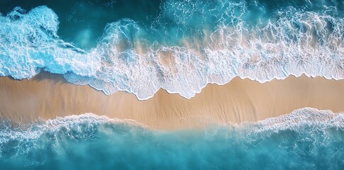 Stunning aerial shot of turquoise ocean waves meeting a pristine sandy beach creating a tranquil scene Perfect for travel or nature websites