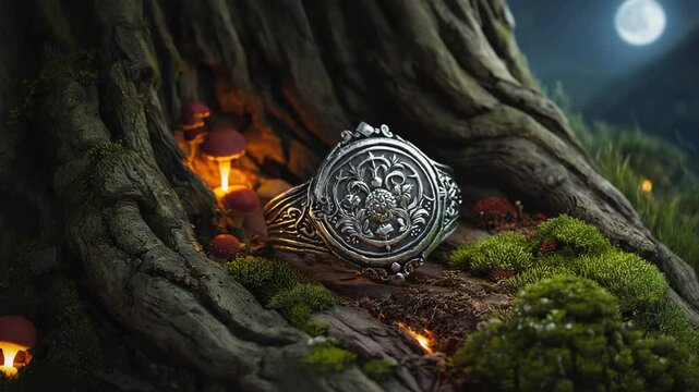 Fantasy engraved silver bracelet rests in fairy forest beside moss, mushrooms and tree roots with glowing orbs in moonlight