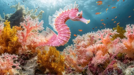 Pink seahorse swims coral reef, ocean sun