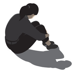 悩みや苦しみを抱えて孤独にうずくまる女性のベクターイラスト（影付き）