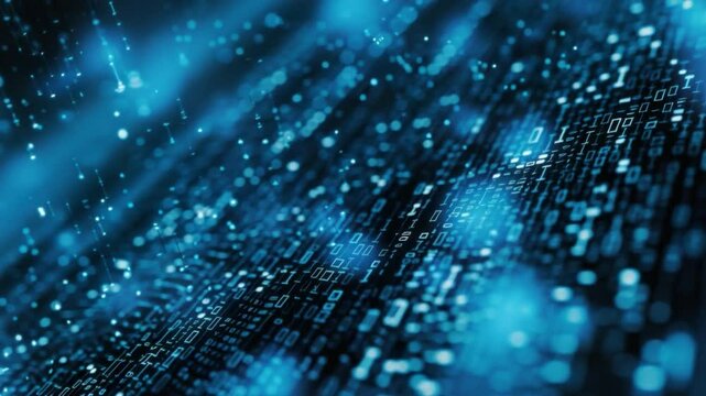 Mesmerizing Digital Technology Glowing Blue Abstract Background with Binary Code and Data Streams, Evoking Futuristic Atmosphere of Innovation and Connectivity.