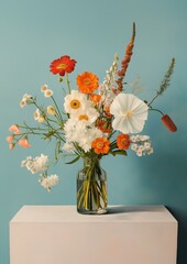 Still Life with Vase with Flowers Table. Colorful Retro Card