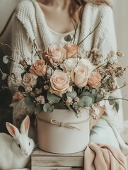 Girl with White Rabbit Holding Round Hat Box Filled with Colorful Spring Flowers. Vintage Greeting Card