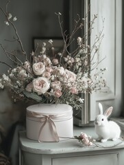 Vintage Bunny with Flower Box and Bouquet in Blank Hat Box on Aged Background
