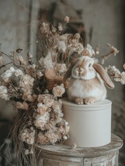 Rabbit with Flower Box and Bouquet in Blank Hat Box on Aged Background