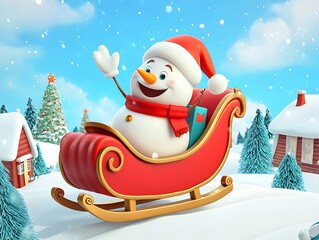 Obraz premium Snowman riding santa's sleigh in winter wonderland animated content festive celebration