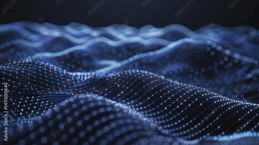 Poster mesmerizing digital landscape of flowing blue waves and light patterns, creating depth and movement,
