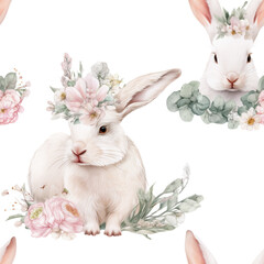 Seamless pattern with Two White Rabbits and Flowers. Watercolor illustration on White Background
