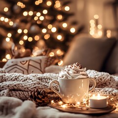 Cozy Winter Hot Chocolate with Whipped Cream by Christmas Tree Lights