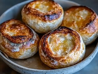 Golden Brown Crusty Bread Rolls in Bowl Bakery Food