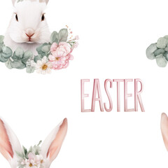 Seamless pattern with Rabbit Head with Flowers and Pink text "EASTER". Watercolor illustration on White Background