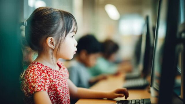 Young Girl Focused on Computer in Busy School Classroom Setting Generative AI