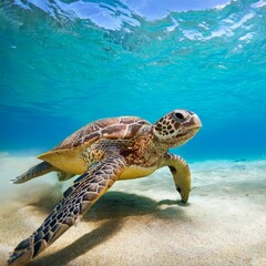 Obraz premium Green Sea Turtle cruises in the warm waters of the Pacific Ocean 