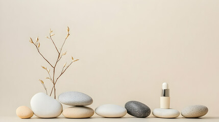 Beige Aesthetic Skincare Product Display With Stones And Branches