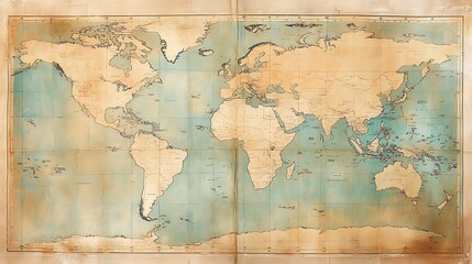 Fototapeta premium Vintage World Map with Aged Paper Texture, A vintage world map with faded colors and aged paper texture, showing continents and oceans