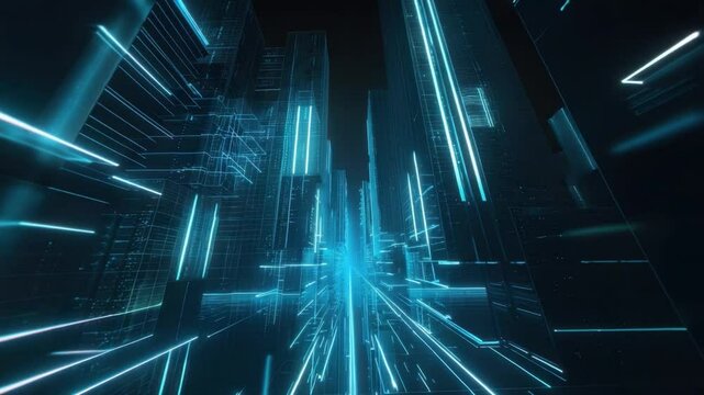 Futuristic digital cityscape with glowing blue lines and structures, showcasing depth and technology, evokes vibrant feeling of innovation and advancement in mesmerizing scene.
