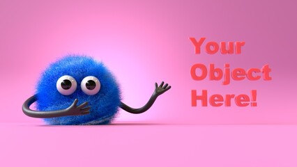 Fluffy, cute monster presents a space for 