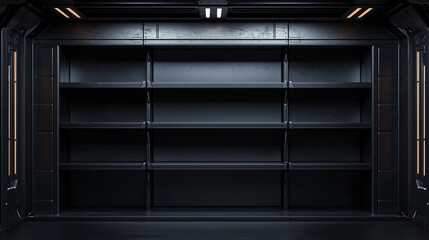 Futuristic empty black metal shelves in a sci-fi interior with dramatic lighting and industrial design details.