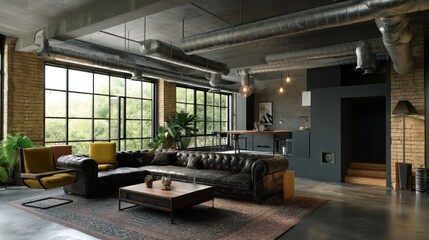 Open-plan loft with exposed ducts and contemporary furniture 