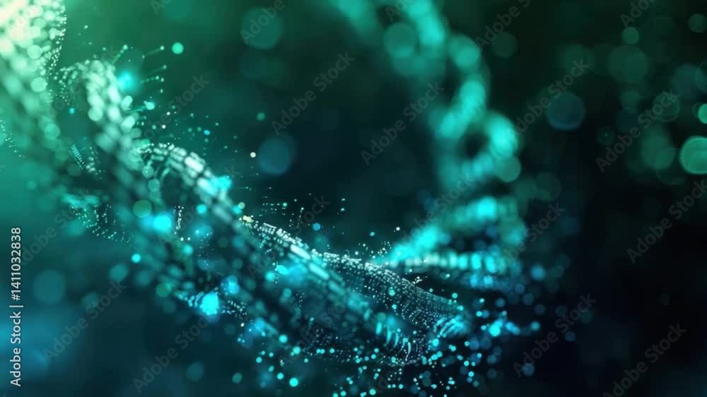 Poster mesmerizing digital representation of dna strands and twisting chains, showcasing glowing particles 