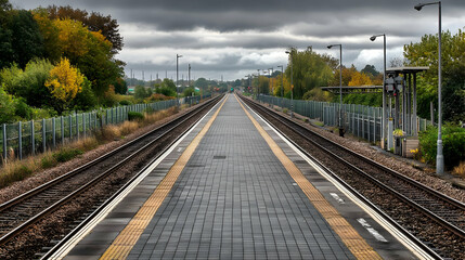 Naklejka premium Empty Train Station Platform At Autumn Day