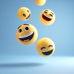 Obraz premium Minimal 3D Yellow Emoji Set – Floating Expressions on Blue Background