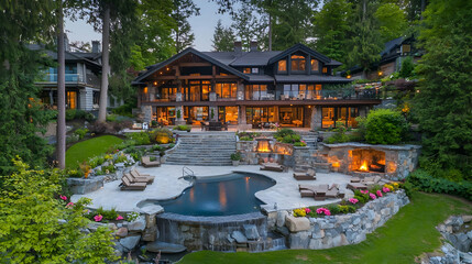 Obraz premium Luxury Home Exterior With Landscaped Backyard And Pool At Dusk