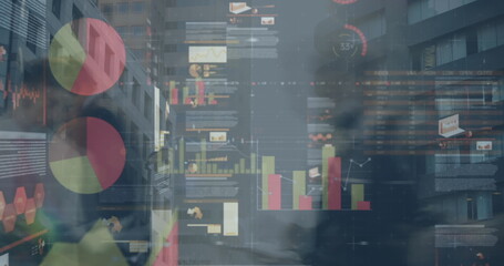 Image of financial data processing over diverse business people and cityscape