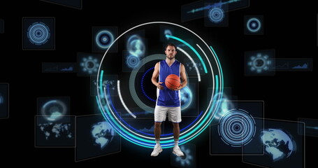 Image of caucasian male basketball player over scope scanning on black background