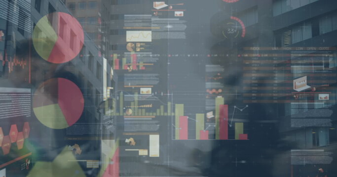 Image of financial data processing over diverse business people and cityscape