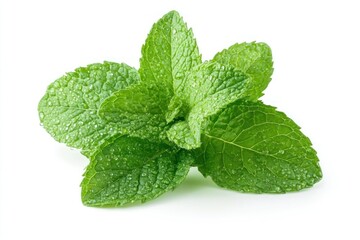 Fresh, vibrant mint leaves with visible dew drops, isolated on a white background