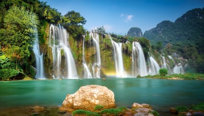 Obraz premium Beautiful waterfall, long exposure of many layers of waterfall to the river with clear blue color water
