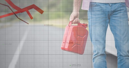 Image of financial data processing over man carrying fuel canister