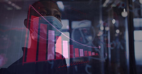 Image of covid 19 cells floating and statistics over woman in face mask in office