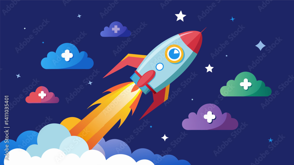 Poster a rocket blasting off into space leaving a trail of social media hashtags and status updates in its 