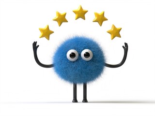 Fluffy, cute monster with five stars, representing top-quality service. 3D rendering, conceptual image. Isolated on white background.