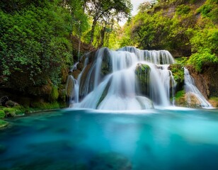 Fototapeta premium Beautiful waterfall, long exposure of many layers of waterfall to the river with clear blue color water