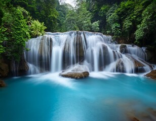 Fototapeta premium Beautiful waterfall, long exposure of many layers of waterfall to the river with clear blue color water