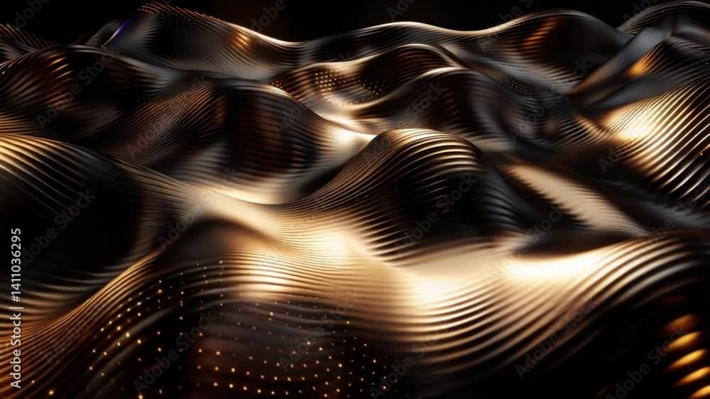 Poster mesmerizing abstract wavy surface with golden textures and flowing patterns in digital 3d art landsc