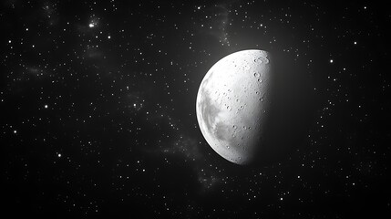 Moon and Stars in a Night Sky, A detailed view of the moon's surface with craters, set against a starry night sky