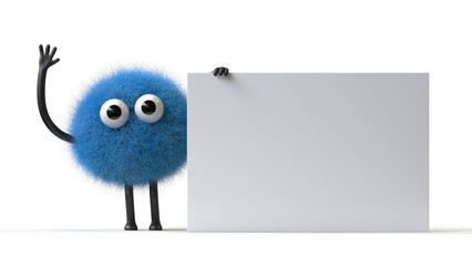 Fluffy, cute monster holds a blank sign, symbolizes information and advertising display. 3D rendering, conceptual image. Isolated on white background.