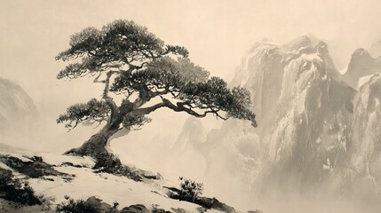 Majestic pine tree atop snowy mountain range, shrouded in mist.