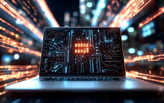 Glowing laptop screen circuit board digital connection lines technology design