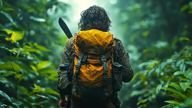 Adventurer trekking through lush jungle with machete