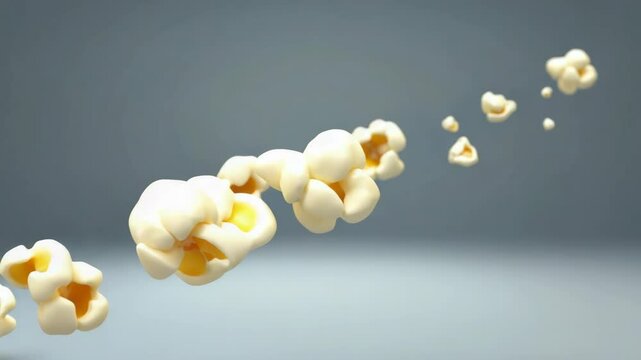 Floating popcorn kernels arranged in a line on a blurred gray backdrop, confectionery snack, studio shot