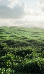 Fototapeta premium Vibrant Green Grass Landscape Under Cloudy Sky Scenery in Detailed Focus View