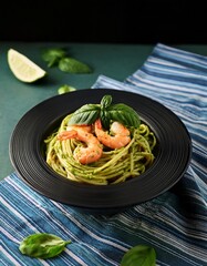 Pasta spaghetti shrimp with pesto sauce