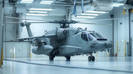 Military Helicopter In Industrial Hangar