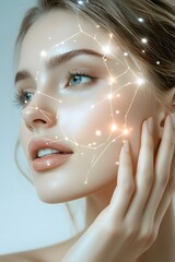 Futuristic Woman with Glowing Facial Network and Digital Light Effects
